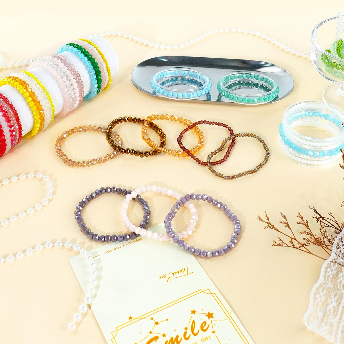 NCPLYGOU 60pcs Crystal Beaded Bracelet Bulk for Women Colorful Beaded Bracelet Boho Multi Layer Stacking Bracelets Stretchy Strand Shiny Crystal Bead Bracelets