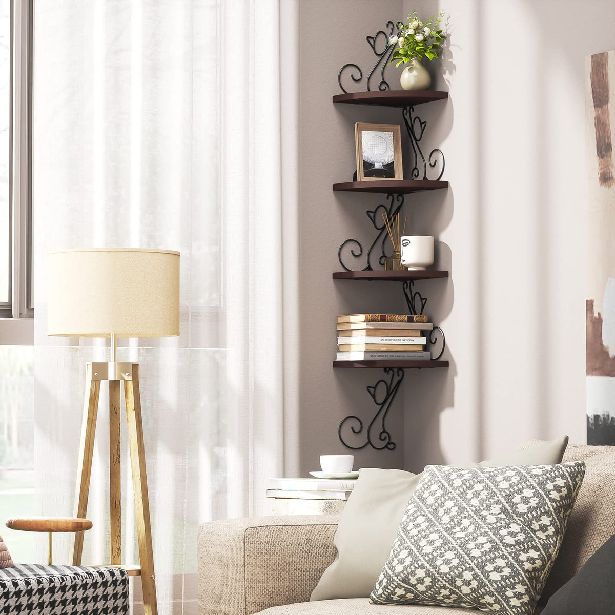 Alsonerbay Corner Shelf Wall Mount, 4 Tier Floating Shelves for Wall, Easy-to-Assemble Wall Shelves Rustic Wood Decor for Bedroom Living Room Bathroom Kitchen Office, Walnut Finish