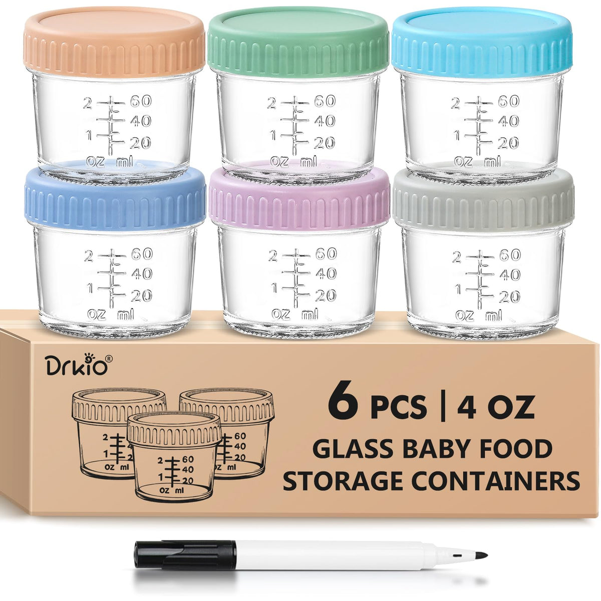 DRKIO 6 Pack Glass Baby Food Storage Containers - 4 Oz Baby Food Jars with Lids Baby Food Maker Microwave Dishwasher Freezer Safe 100% Leak Proof BPA Free Reusable
