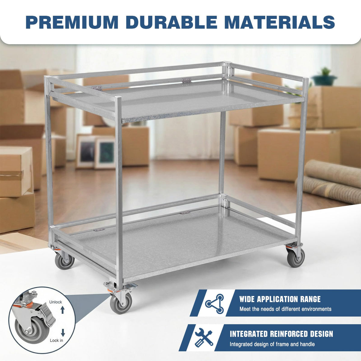 Generic 2-Shelf Utility/Service Cart Metal Storage Carts with Wheels 660lbs Capacity with Handle for Warehouse/Garage/Cleaning/Manufacturing
