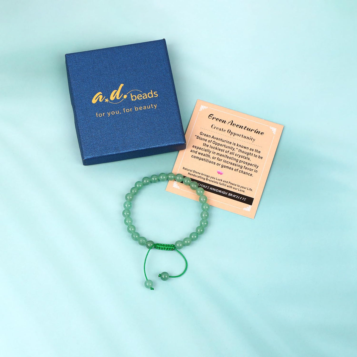 AD Beads 6mm Green Aventurine Bracelet - Stone of Create Opportunity - Handmade Natural Stone Crystal Bracelet with Adjustable Macrame String - Yoga Healing Power Energy Gifts for Men and Women