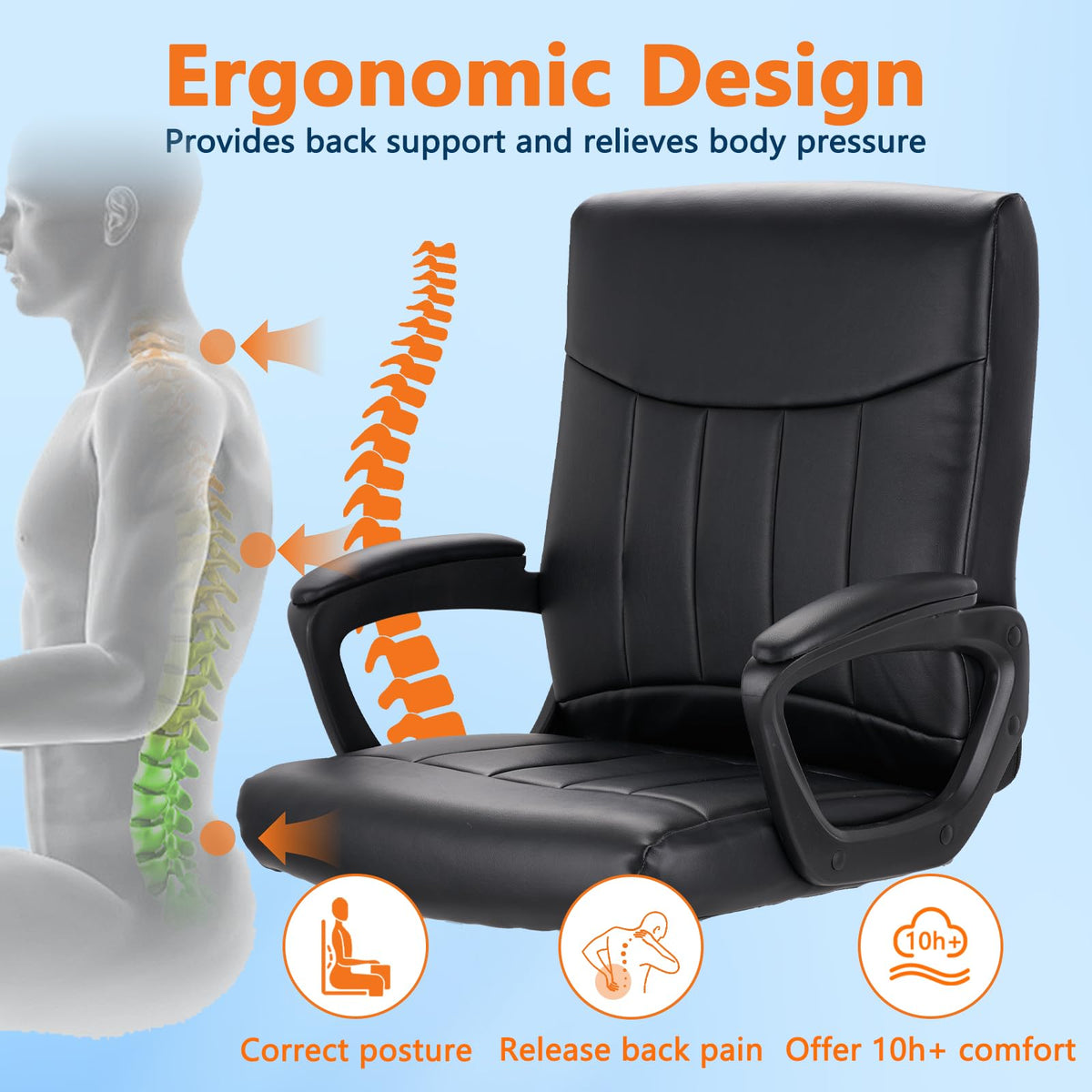 CLATINA Leather Ergonomic Office Chair with Lumbar Support and Padded Armrestes, Swivel Rolling Executive Mid Back Computer Task Desk Chair for Home, Conference, Waiting Room, Black, 4 Pack