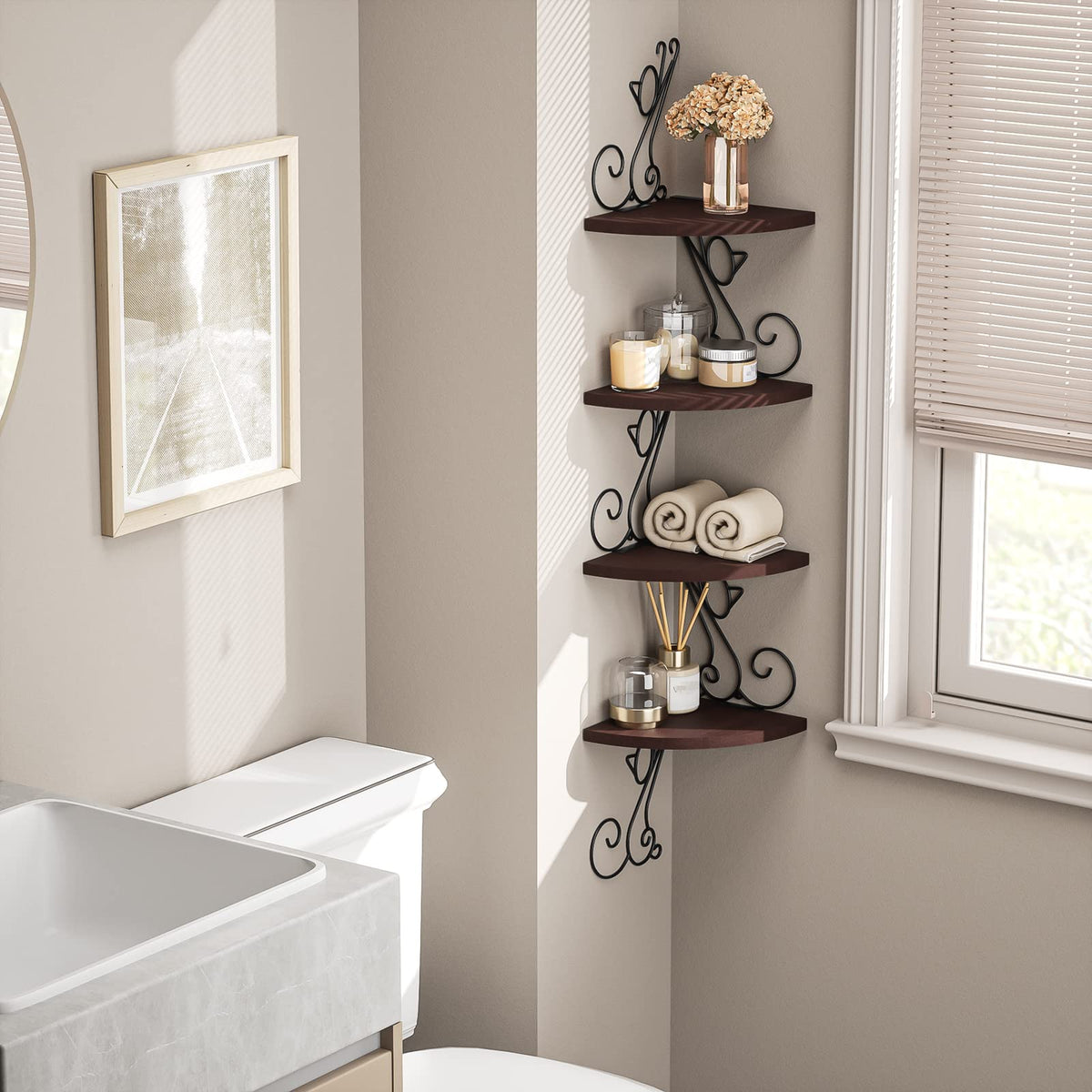 Alsonerbay Corner Shelf Wall Mount, 4 Tier Floating Shelves for Wall, Easy-to-Assemble Wall Shelves Rustic Wood Decor for Bedroom Living Room Bathroom Kitchen Office, Walnut Finish