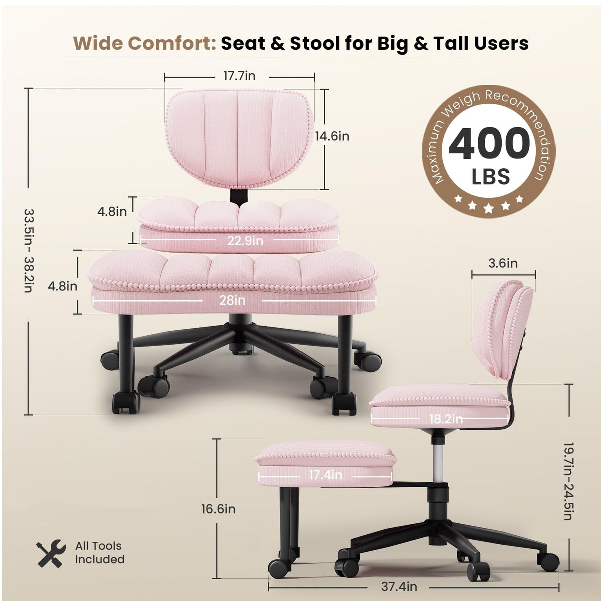 HOMRELEXA Extra-Wide & Tall Cross-Legged Office Chair – Deeply-Padded Cloud Seat, Ergonomic Back Support, Adjustable Height for ADHD & Meditation, Pink