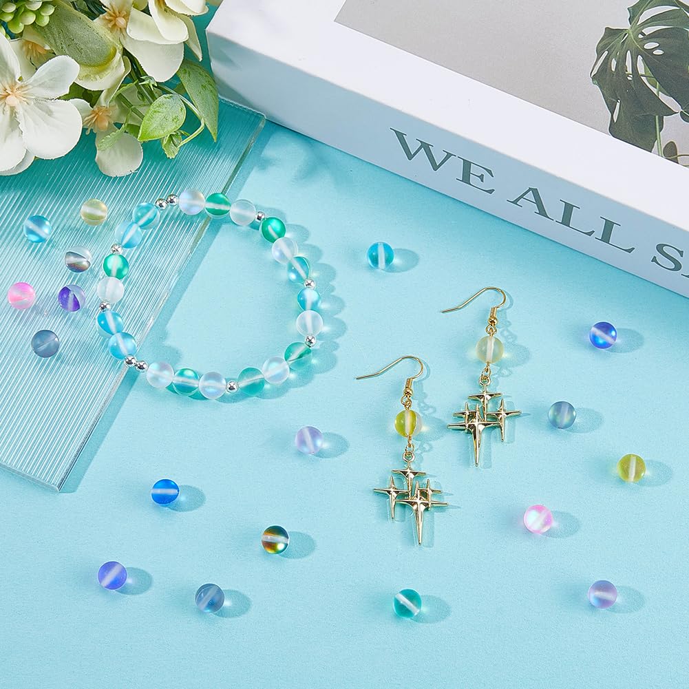 SOFPLATE 1 Box 100Pcs 8mm Moonstone Glass Bead Bulk Matte Crystal Beads Frosted Colorful Mermaid Round Glitter Shiny Aurora Loose Spacer for Bracelets Jewelry Making DIY Crafts Supplies