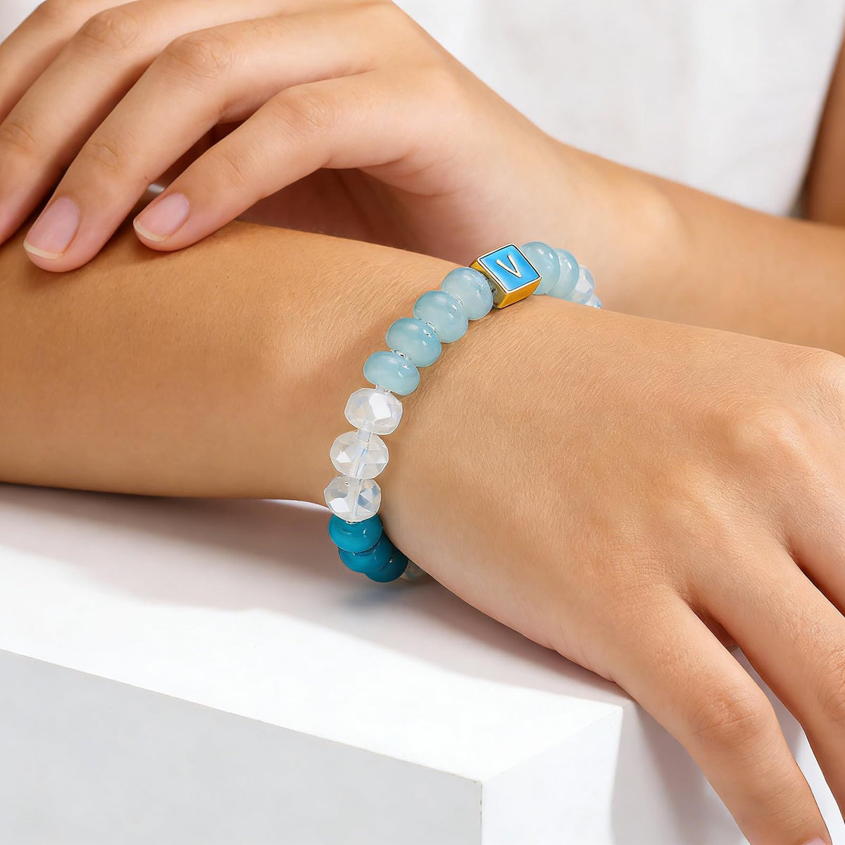 SLYAIH Colorful Beaded Initial Bracelets for Women Boho Crystal Beaded Elastic Stretch Bracelet A-Z Letter Bracelet Handmade Jewelry Gifts for Women