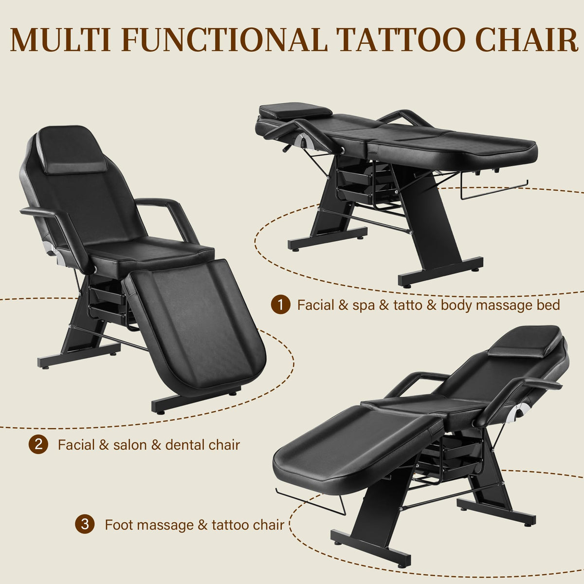 KIIUMI Tattoo Chair for Client, Esthetician Facial Bed with Hydraulic Stool, Lash Massage Table with 2-Tray, Multi-Purpose Black Lash Bed for Artist Spa Salon Beauty Equipment, Black