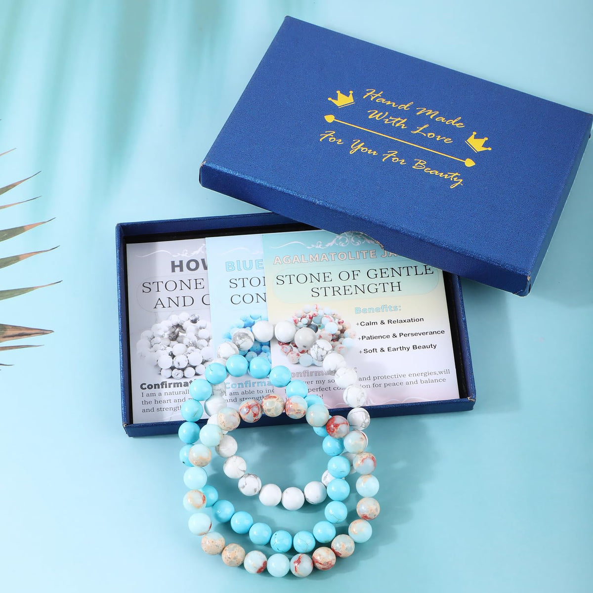 NCB 3-Piece 8mm Natural Crystal Gemstone Stretch Bracelets – ﻿Agalmatolite Jasper, Blue Turquoise, Howlite Handmade Reiki Energy Healing Jewelry for Meditation,Yoga, Unisex