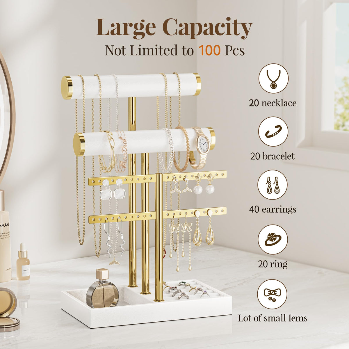 bussdis 3 Tier Bracelet Holder Display - White Leather Bracelet Holder, Detachable T Bar Jewelry Holder Organizer for Bracelet, Necklace, Earrings, Rings, Watches, Bangle