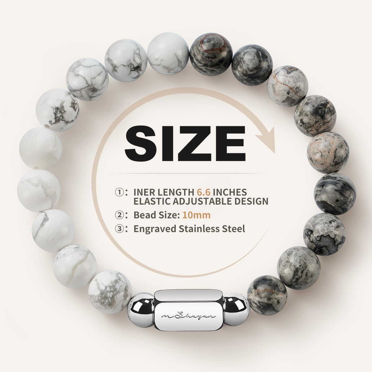 M SHUYUN Howlite Natural Gemstone Bracelet for Men and Map Gemstone for Teens Gifts, 10MM Men's Elastic Adjustable Beaded Bracelets for Men, Handcrafted Gifts For Anniversary,Christmas.