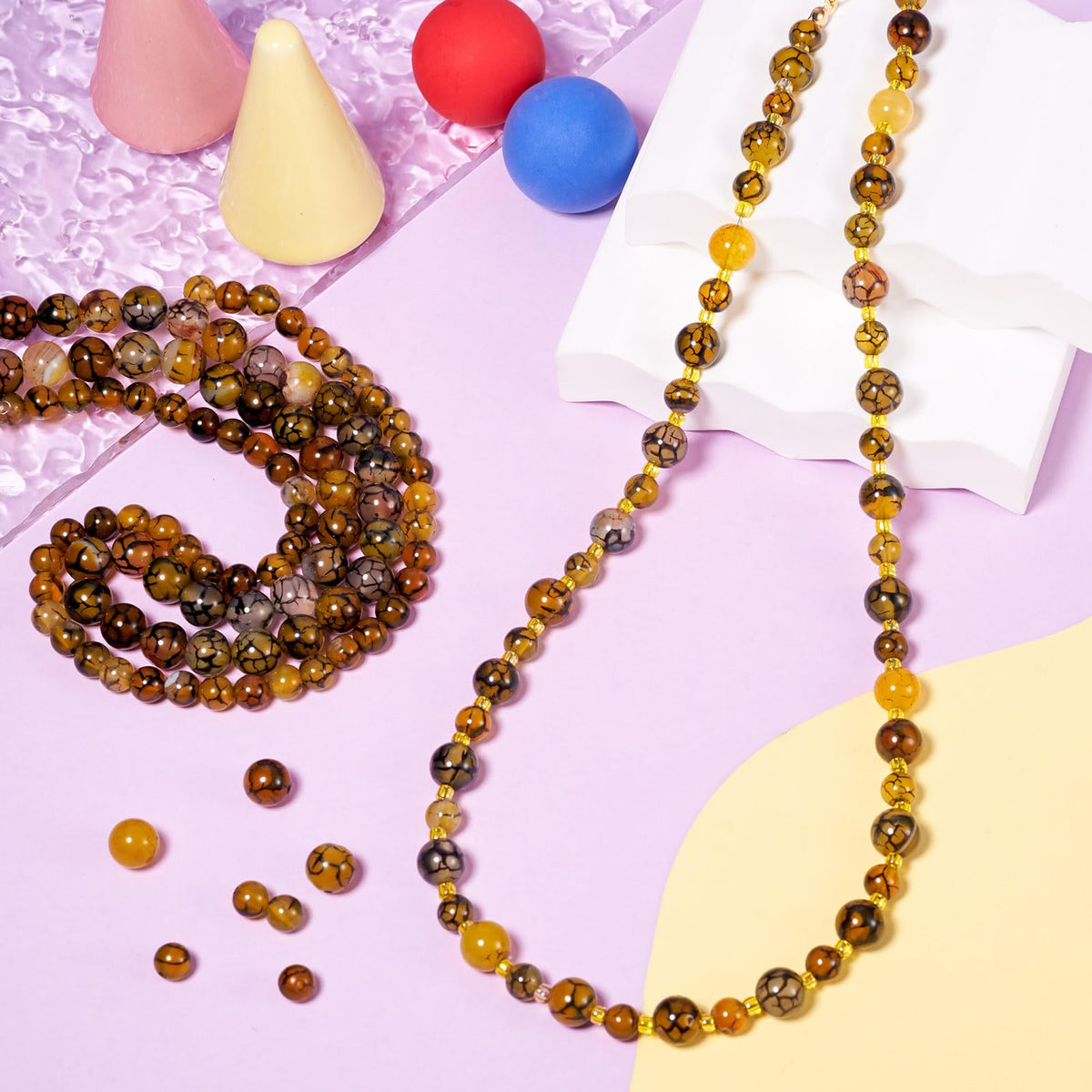 Beadthoven 110pcs Natural Dragon Veins Agate Beads 6mm 8mm Yellow Round Stone Beads Smooth Natural Healing Crystals Gemstone Spacers for DIY Jewelry Making Crafts Friendship Bracelets Necklace