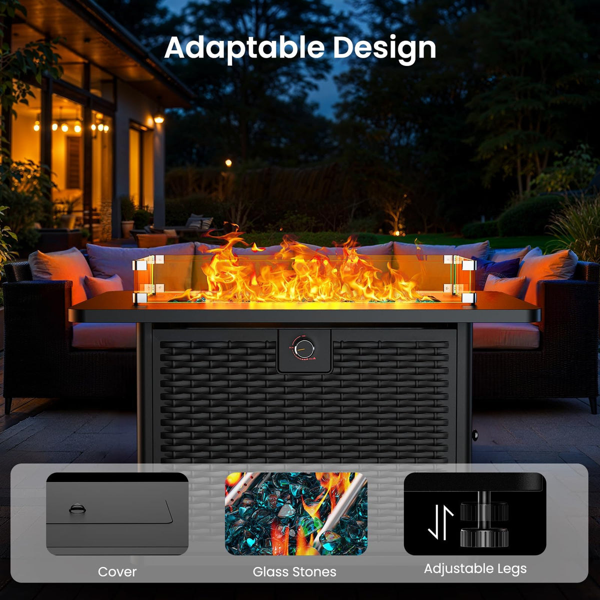 Ciays 43-Inch Rectangular Propane Fire Pit – 60,000 BTU Output, Premium Gas Fire Pit Table for Outside Patio, 304 Stainless Steel H-Burner, Glass Stones & Wind Guard, Black Finish
