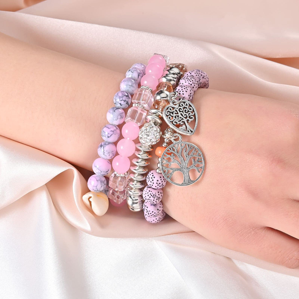 Bohemian Bracelet Sets for Women - 6 Sets Stackable Stretch Bracelets Multi-color Boho Jewelry for Women Hippie Bracelets Dainty Jewelry (Tree of Life Bead Bracelets)
