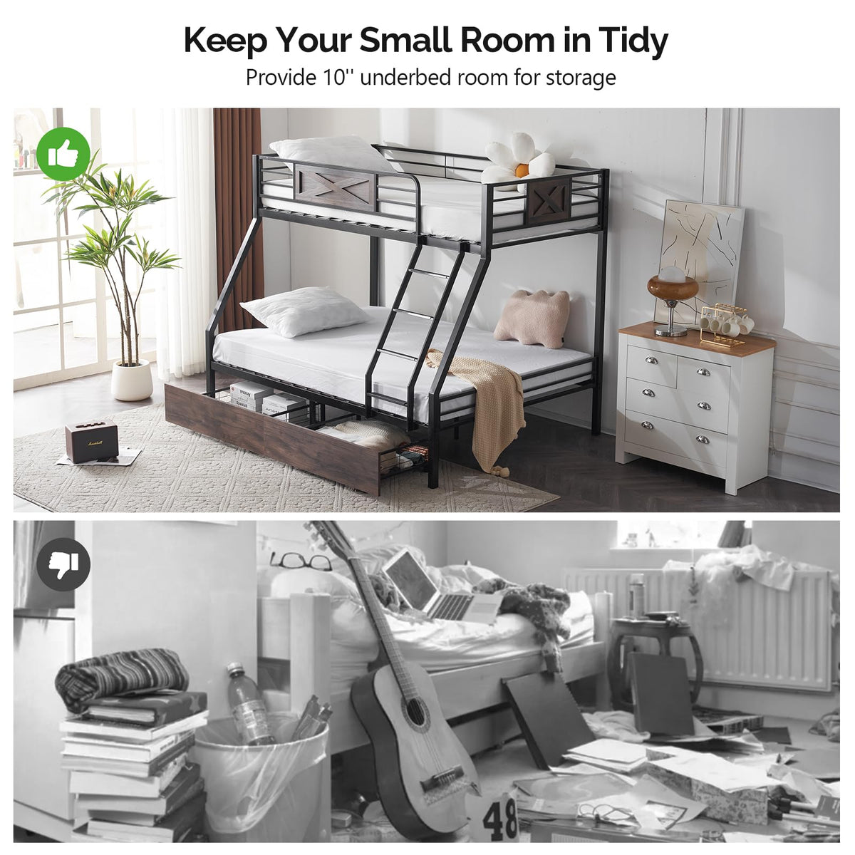 Bonnlo Metal Bunk Bed Twin Over Full with 2 Storage Drawers, Heavy Duty Twin Over Full Bunk Bed for Kids Teens Adults, 13.7-Inch Guardrail, Inclined Ladder, No Box Spring Needed, Black/Brown