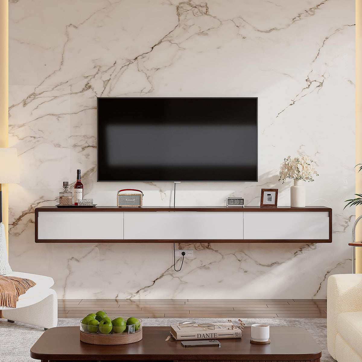 FurniNova Fully Assembled Floating TV Stand, Modern Plywood Media Console with 2 Drawers & 1 Flip Door, Wall Mounted Entertainment Center with High Gloss Finish & Round Edges, 55 inch, Walnut & White