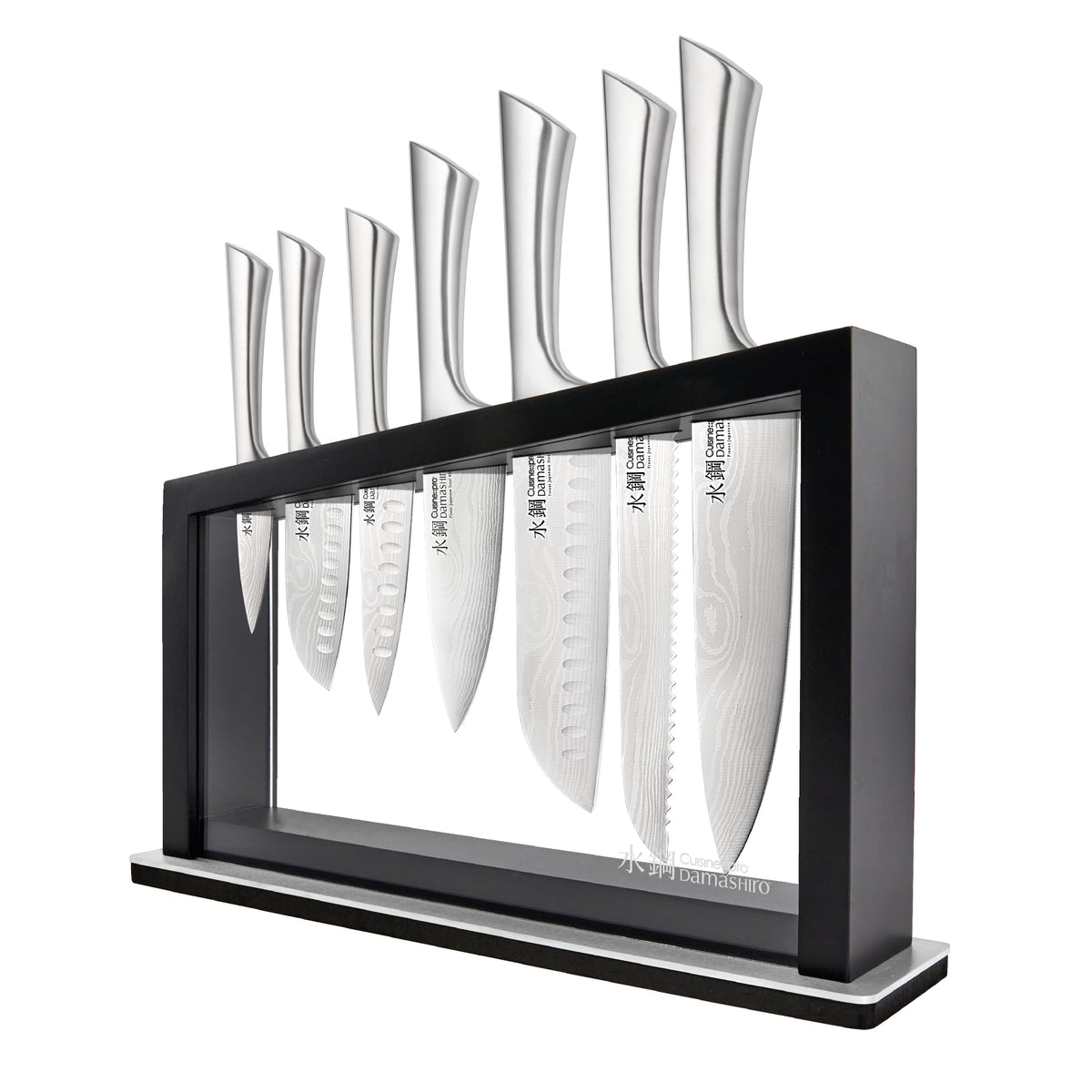 Cuisine::pro Damashiro 8-Piece Satori Knife Block - Japanese Steel Knife Set with Acacia Wood Knife Block -Damascus-Inspired Blade