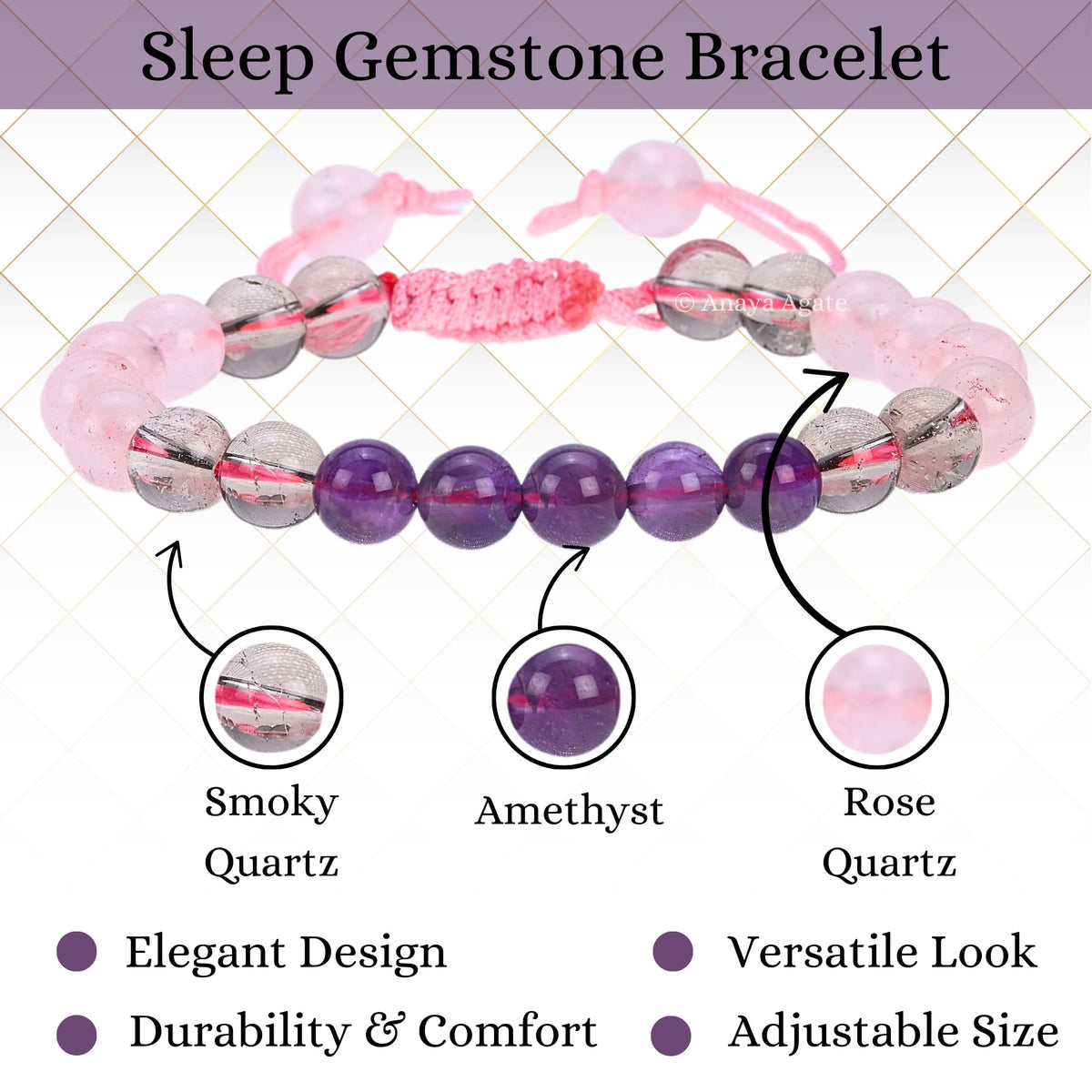 ANAYA AGATE Bracelet for Sleep Manifestation Rose Quartz Amethyst Smoky Quartz Bracelet Set - Healing Calming Anxiety Stress Relief Gifts Pulseras Para Hombres Mujer Stocking Stuffers