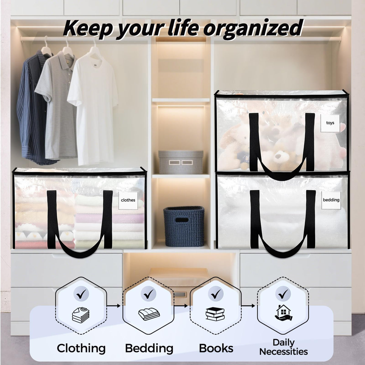 8 Pack Extra Large Heavy Duty Moving Bags, Clear Storage Bins with Lids, Reinforced Handles & Heavy-Duty Zippers Moving Boxes Storage Bags Totes for Clothes Packing, Dorms, College Supplies, Clear