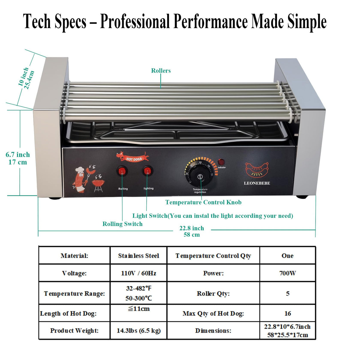 LEONEBEBE 16 Capacity Commercial Hot Dog Roller Machine with 5 Stainless Steel Rollers – 750W for Concession Stands, Food Trucks, Party Catering