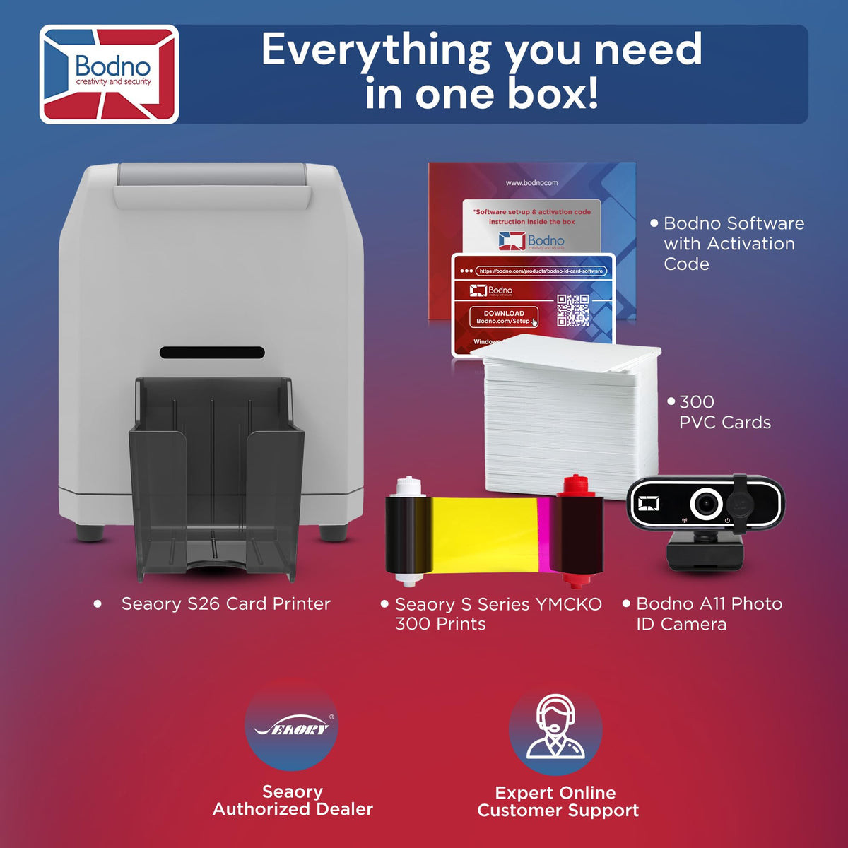 Bodno Seaory S26 Single Sided ID Card Printer & Complete Supplies Package ID Software and Camera - Bronze Edition