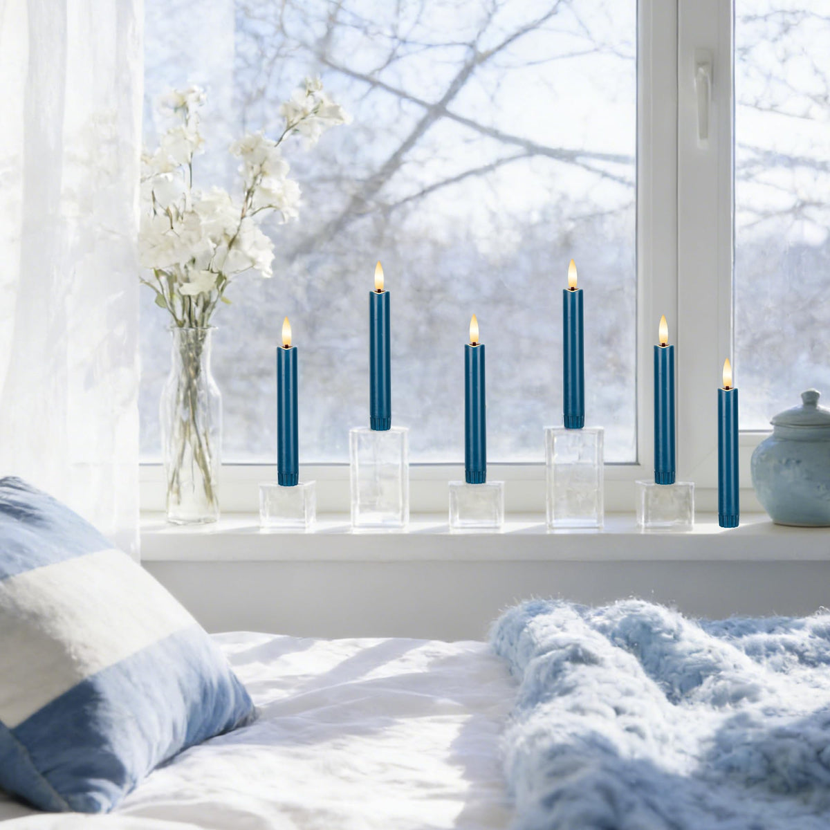 AFINETH Blue Flameless Taper Candles with Remote, Short Battery Operated LED Candles, 6.4inch Flickering Flameless Candlesticks for Table Centerpiece, Wedding, Mantel, Window Decor, Set of 6