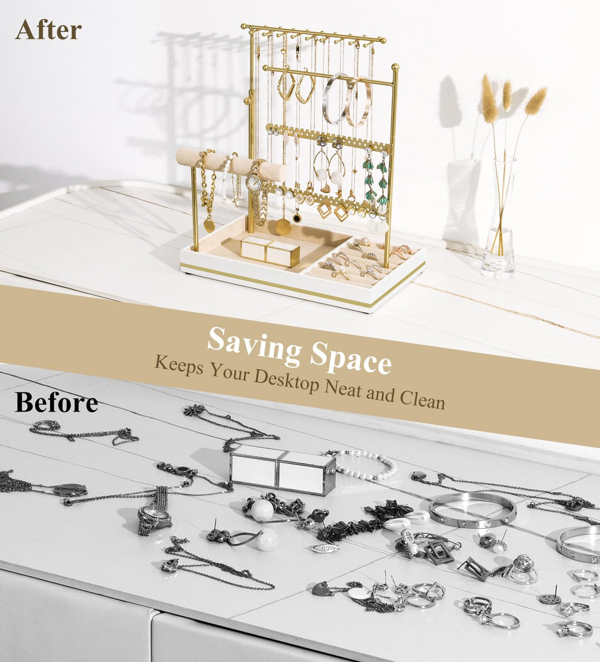 Emibele Jewelry Holder, Jewelry Organizer Stand Necklace Earrings Bracelet Holder, 5 Tier Jewelry Display Tower Rack with Metal Frame and Velvet Ring Tray, Aesthetic Jewelry Stand Gift for Women, Gold