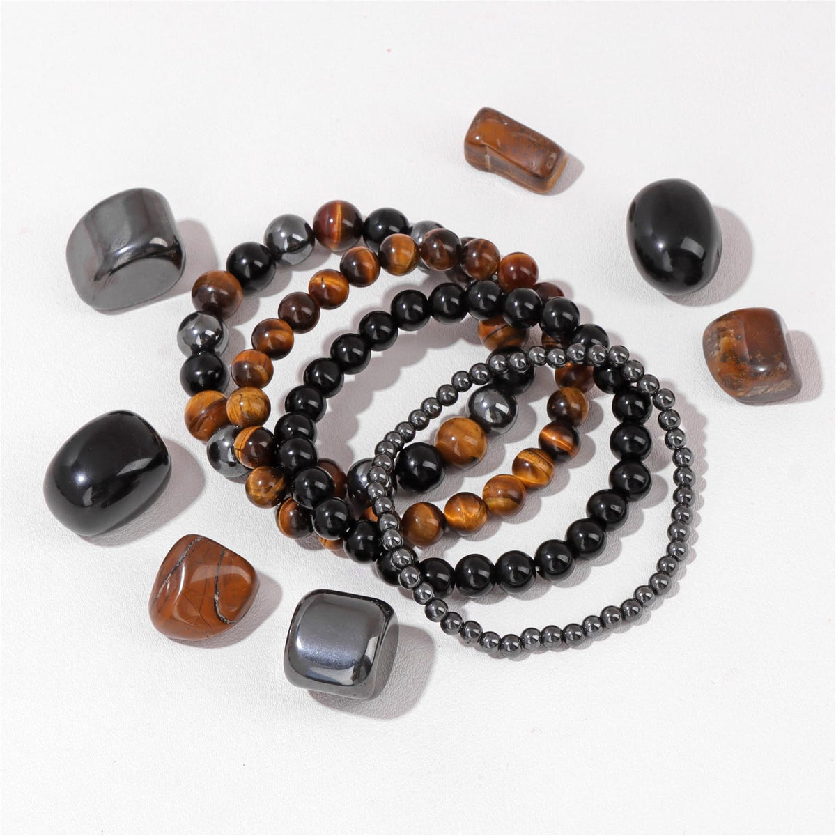 Vinswet 4pcs Natural Stone Beaded Bracelets for Women Men,Genuine Tigers Eye Black Obsidian and Hematite Bracelet,Handmade Triple Protection Bracelet Bring Luck and Prosperity and Happiness