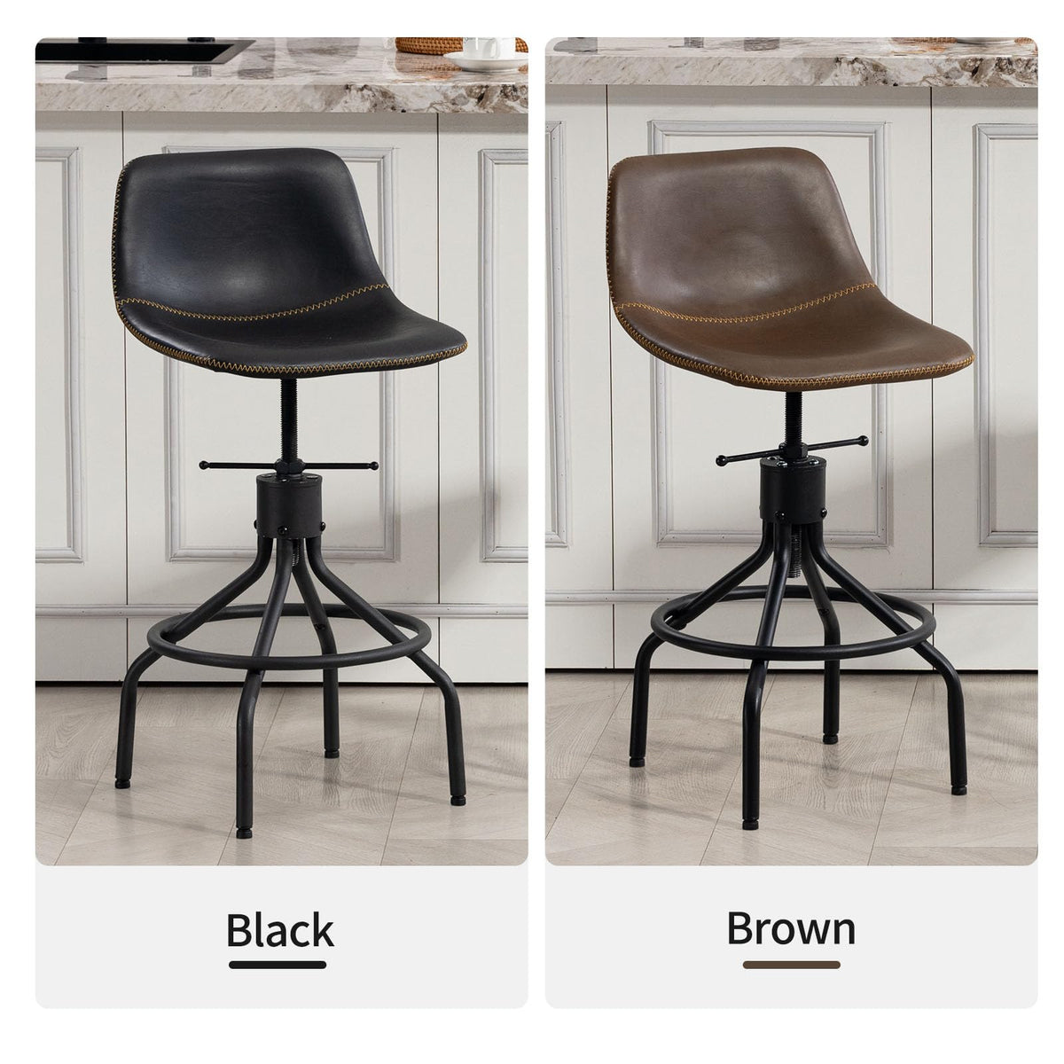 CHIDOCHILO Bar Stools Set of 3, Adjustable Armless Kitchen Island Barstools with Back 26 Inch Swivel Faux Leather Industrial Counter Height Bar Chairs for Dining Room Home Bar D087-Brown-3