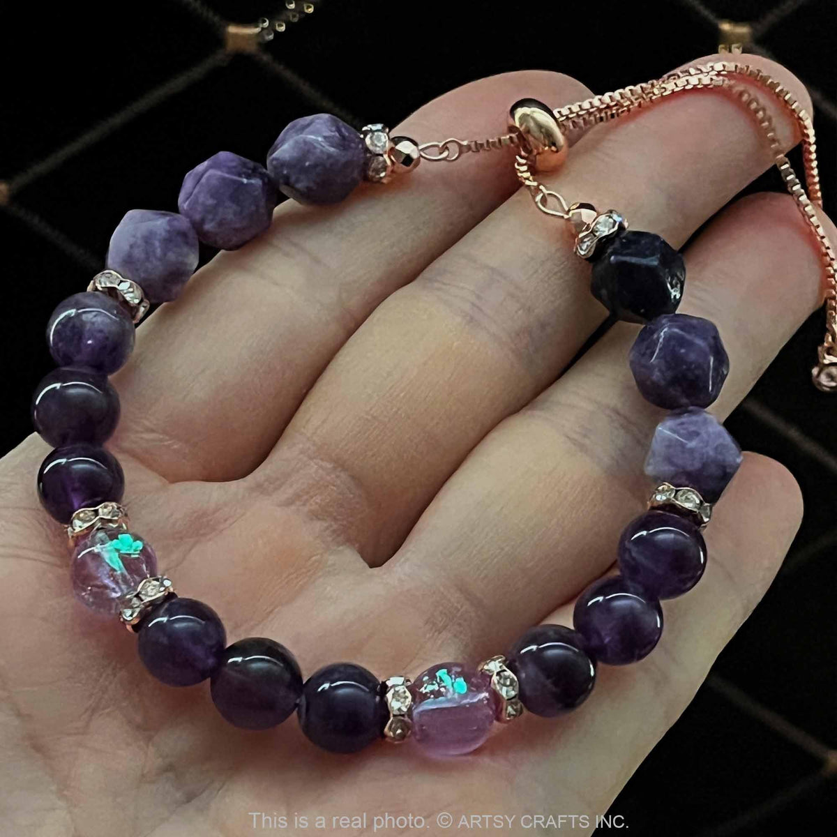 ARTSY Crafts Amethyst + Glow in The Dark Firefly Beads Bracelet, Handmade in USA, Luminous Murano Glass Beads Jewelry Mermaid Crystals (Amethyst - Slider)