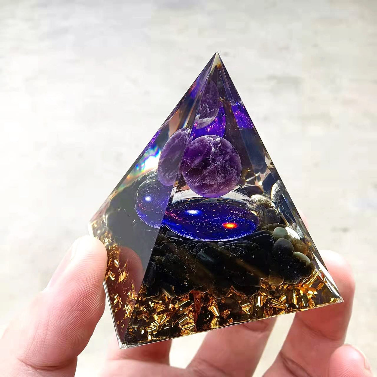 ycyingcheng Moonstone Crystal Orgone Pyramid Ogan Crystal Energy Tower, Nature Reiki Chakra Crushed Stone Jewelry, Crystal Pyramid for Home Decor (Taichi Starry Sky)