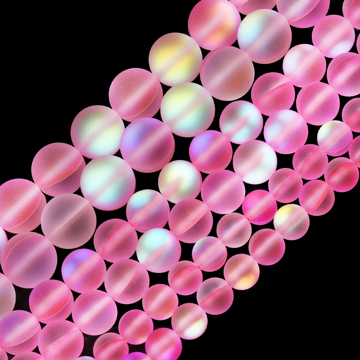 Matte Pink Aurora Crystal Glass Beads, 10MM Frosted Glitter Shining Mermaid Round Loose Beads, Rainbow Holographic Synthetic Moonstone for Jewelry Making DIY Bracelet
