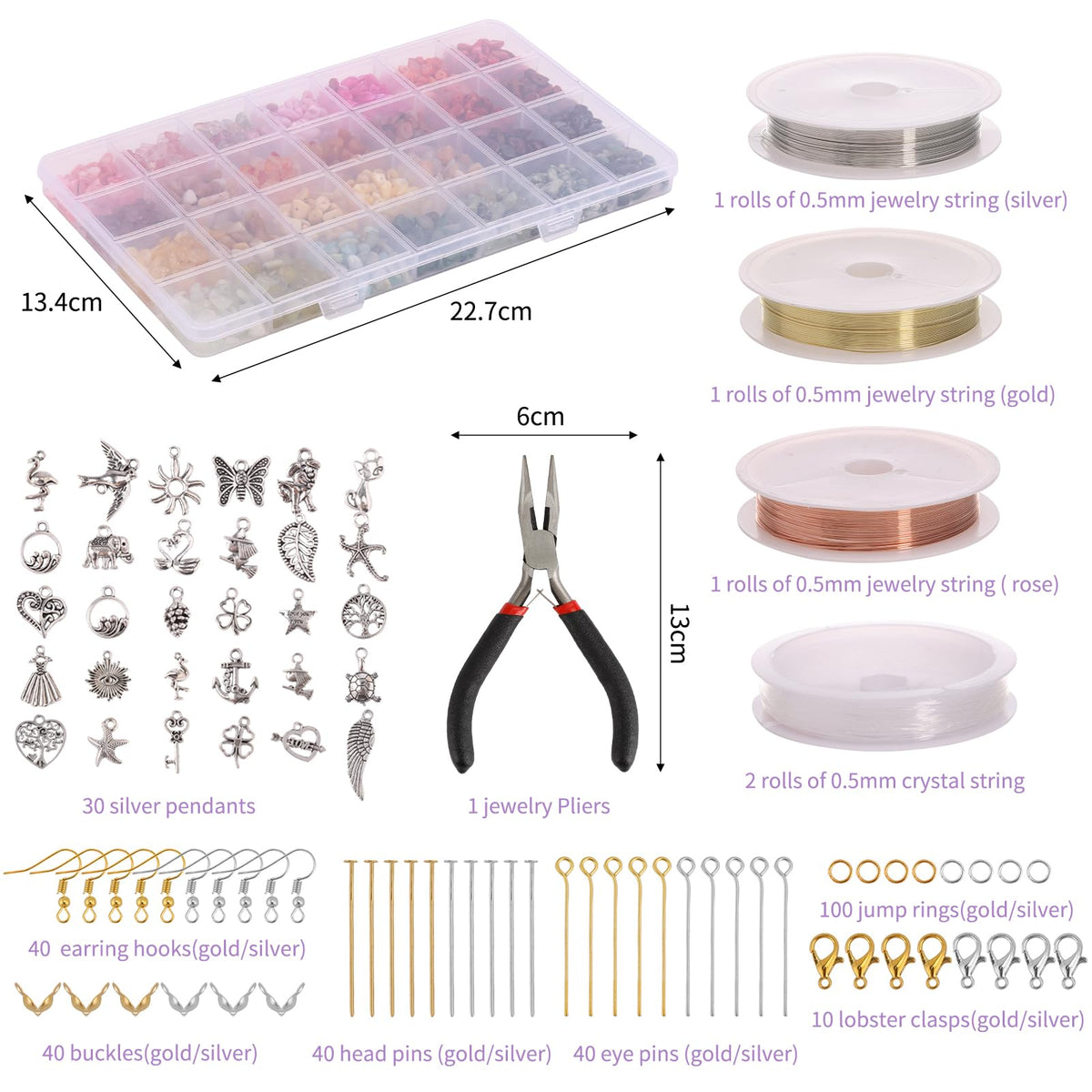 QUEFE 1800pcs 56 Colors Crystal Beads, Ring Making Kit, Gemstone Chip Beads Irregular Natural Stone with Jewelry Making Supplies for DIY Craft Bracelet Necklace Earrings, Craft Gifts