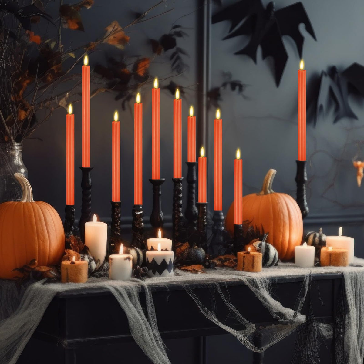 Rossesay 20 Pcs Flameless LED Taper Candles Battery Operated Taper Candles 5 Sizes of 6.5'', 7.7'', 8.8'', 10.0'', 11.2'' Flameless Candlesticks Flickering with 3D Flame for Wedding (Orange)