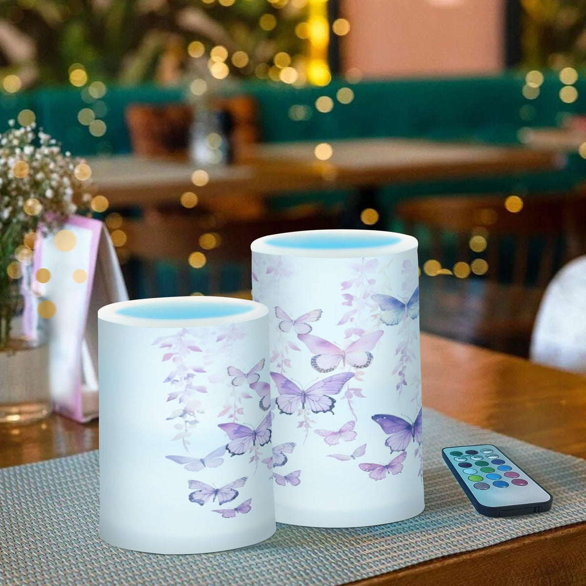 BOENLE Flickering Flameless Candles, Butterflies Purple LED Candles with Remote Timer, Set of 2 Battery Operated Candle for Valentine Wedding Birthday