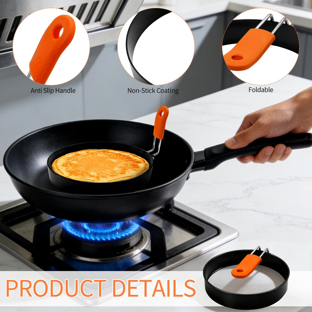 Jibrelxion 4 Pack Professional Egg Ring Set, Stainless Steel Griddle Pancake Shapers, Round Fried Egg Molds with Orange Silicone Handle for Cooking, Breakfast, Omelette and Sandwich, (4,6 Inch)