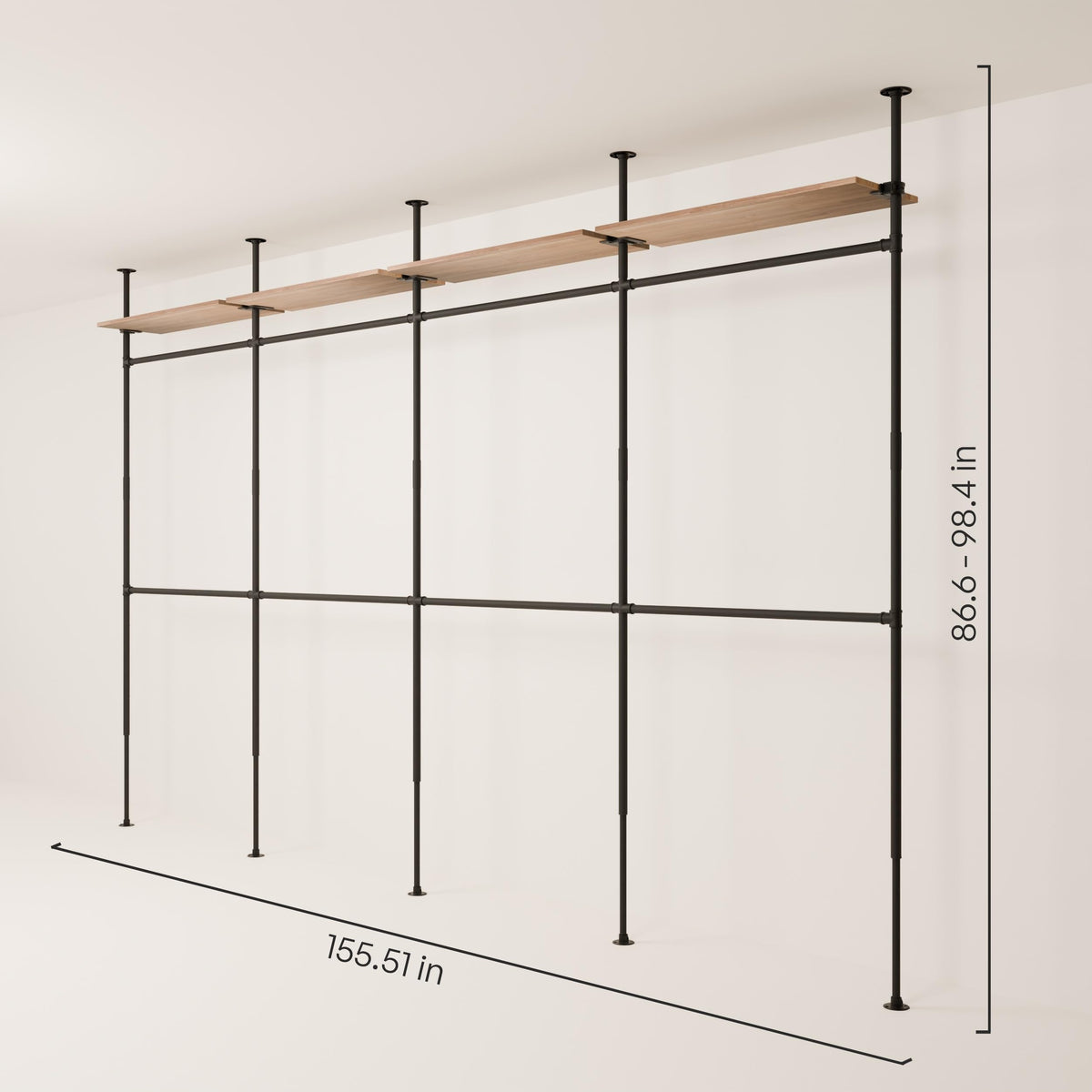 pamo Industrial Pipe Clothing Rack with Shelf - 660 lbs Capacity - Clamping Clothes Rack and Walk In Closet with Oak Shelf for Wardrobe