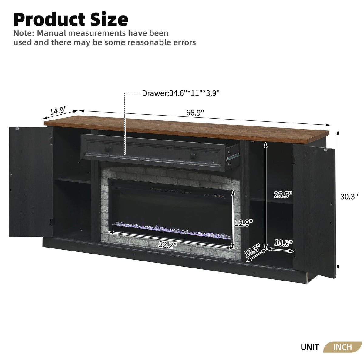 Merax Electric Fireplace TV Stand with Storage, Farmhouse Entertainment Center for Living Room, Heater Unit with Adjustable Shelves & Cable Management, MDF Wood Media Console Table, Black