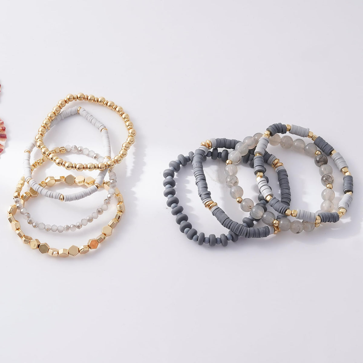 GOOJIDS Grey Surfer Heishi Clay Bead Bracelets for Women Bohemian Stackable Gold Plated Beaded Stretch Bracelets Elastic Layering Friendship Bracelets Set Boho Jewelry
