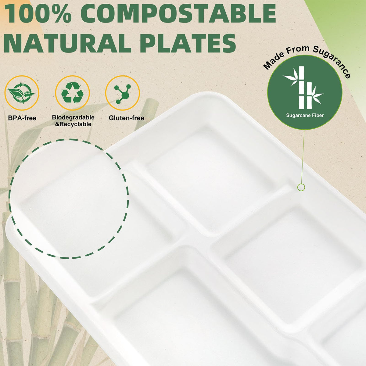 WELLIFE 100% Compostable 5 Compartment Paper Plates, 100 Pack Disposable School Lunch Trays Divided Plates for Adult Youth, 12.5 * 8.6 inch Heavy Duty Eco-Friendly Bagasse Plate for Buffet and Party