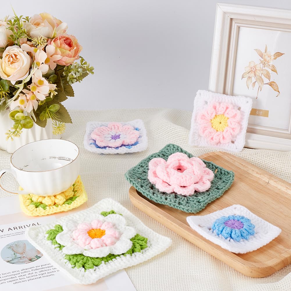 ACRNIGHEET Crochet Kit for Beginners 3D Floral Granny Square Crochet Kit for Adults Learn to Crochet Kits for Adults Beginner Knitting Kit with 6 Square Step-by-Step Video Guide Tutorial