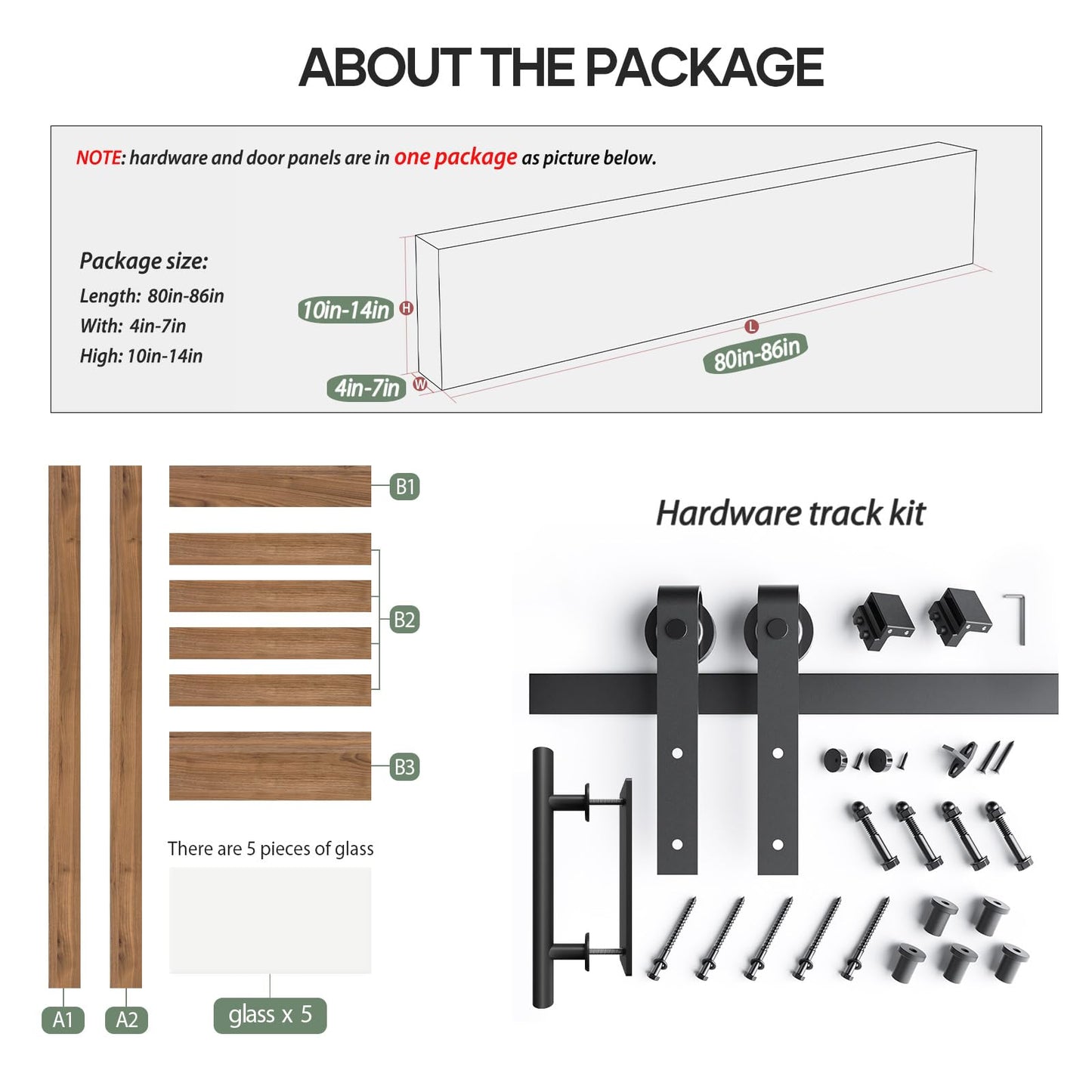 FREDBECK 36 x 84 inch Glass Barn Door with 6.6FT Barn Door Hardware Kit & Handle Included,5-Panel Frosted Glass, Water-Proof Surface,Pre-Drilled Holes,Need Assembly