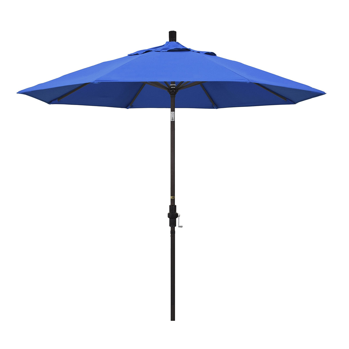 California Umbrella 9' Round Aluminum Market Umbrella, Crank Lift, Collar Tilt, Bronze Pole, Royal Blue Olefin