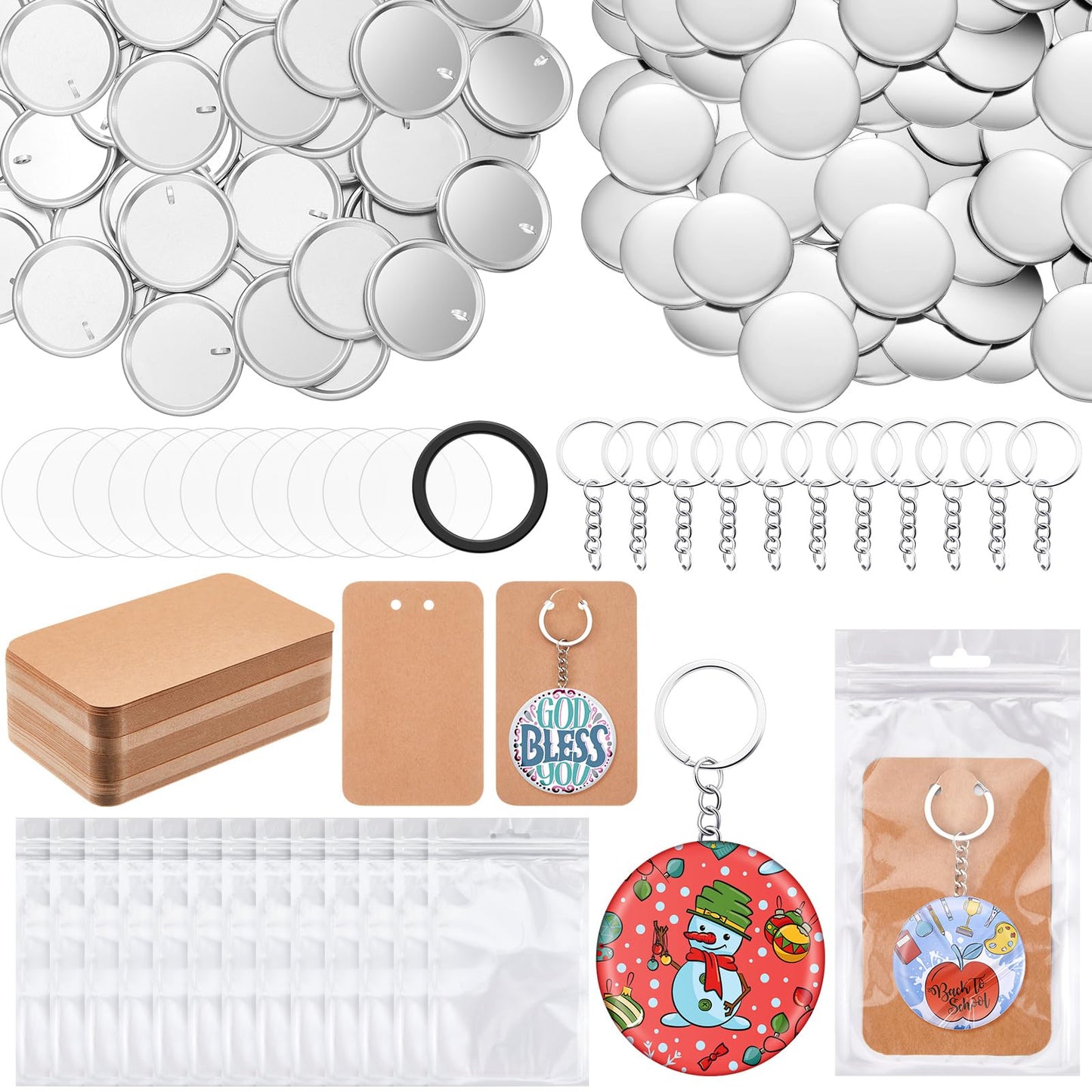Tondiamo 100 Sets 58 Mm/ 2.25 Inch Button Maker Keychains Supplies Metal Button Badge Sets Including Metal Shell, Plastic Film, Backing Parts, Bags, Cards for Maker Machine DIY Christmas Gifts