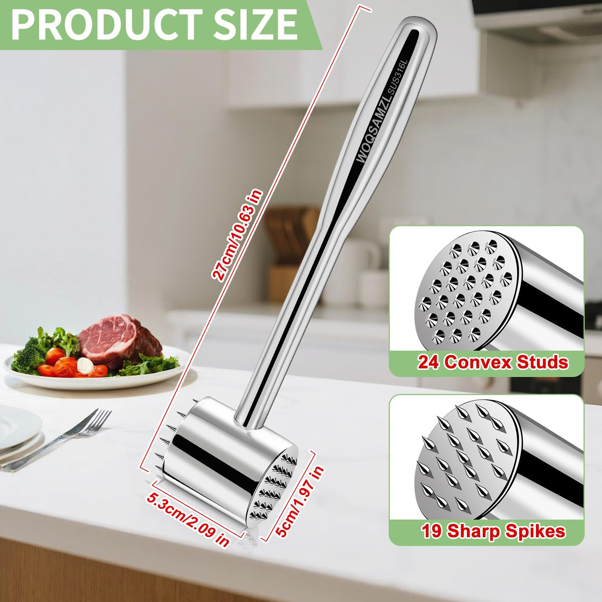 2-in-1 Real 316L Stainless Steel Meat Tenderizer Mallet Hammer, Professional Meat Pounder with 19 Sharp Needle Spikes, Dual-Sided Heavy Duty 1.09lb Versatile Kitchen Tool,Solid & Dishwasher Safe