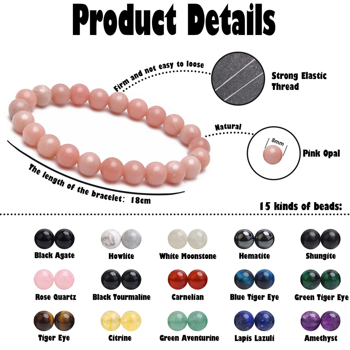 BONNY BOXX 8mm Natural Stretch Pink Opal Bracelet for Unisex, Handmade Elastic Healing Crystal Gemstone Bracelet Yoga Stress Relief Gift for Men Women