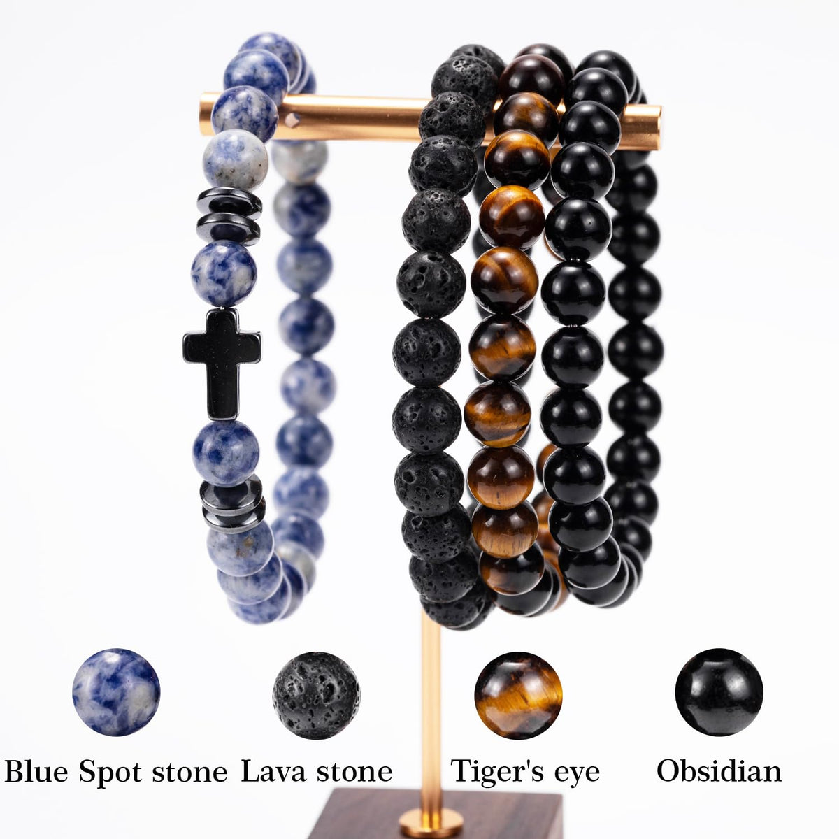 Crystery Men Beaded Bracelets, 8mm Natural Stone Bracelet, Healing Crystal, Jewelry Gifts for men, Triple Protection, Blue Spot Stone, Tiger Eye, Black Obsidian Beads Bracelets, Lava Rock, Pack of 4