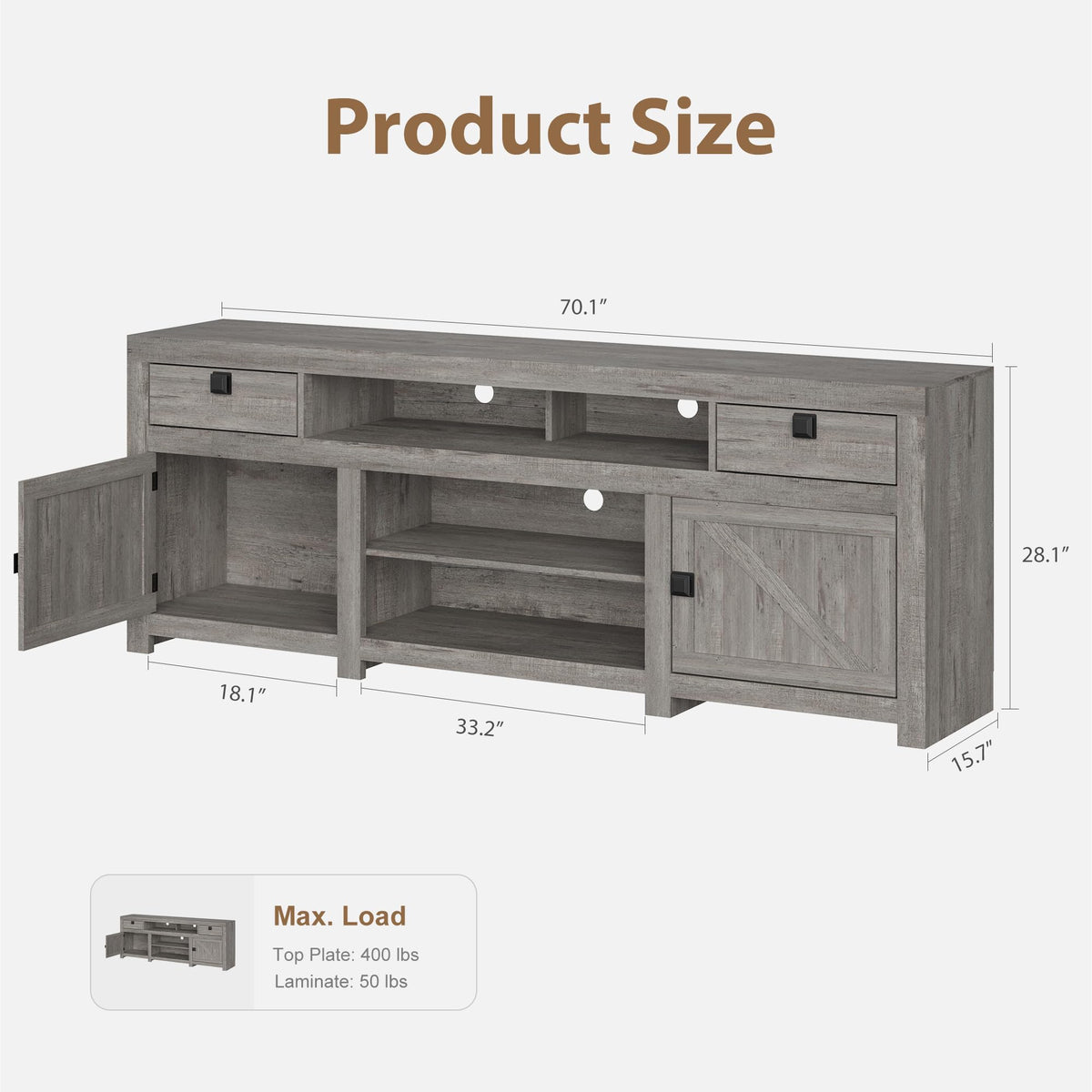 Farmhouse TV Stand for 75/80 Inch TVs, Long Entertainment Center with 4 Storage Drawers & 3 Open Shelf, Grey Television Consoles Stands for Living Room, Bedroom