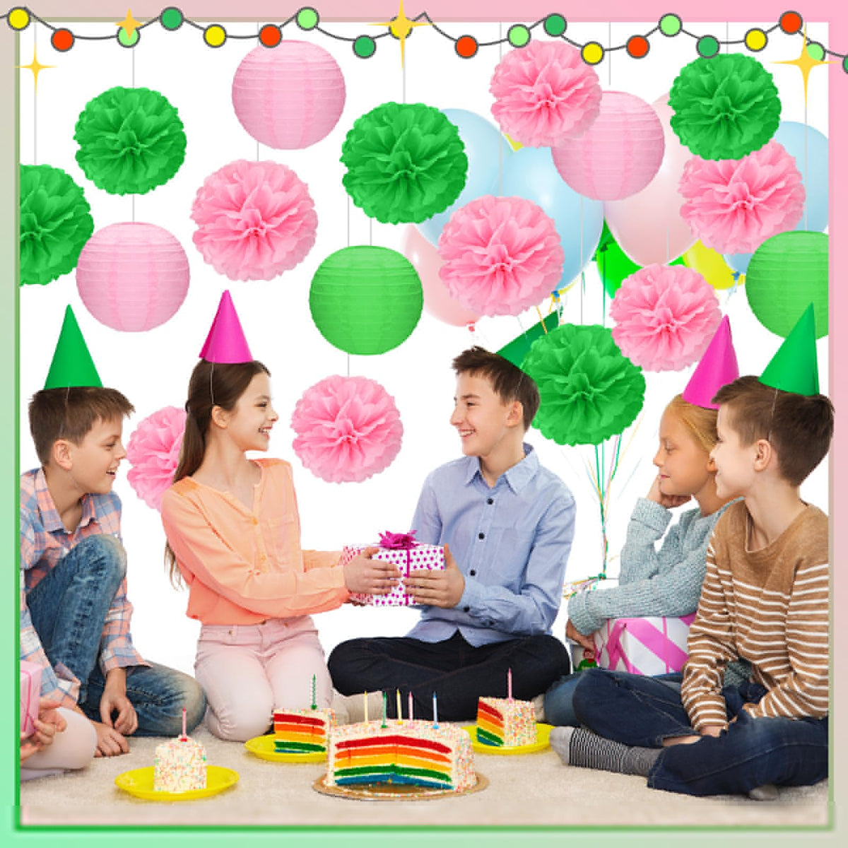 RoundFunny 15 Pcs Witch Theme Party Decorations Green and Pink Party Decorations Birthday Tissue Paper Pom Pom Lanterns Supplies for Girls Women Princess Birthday Decor