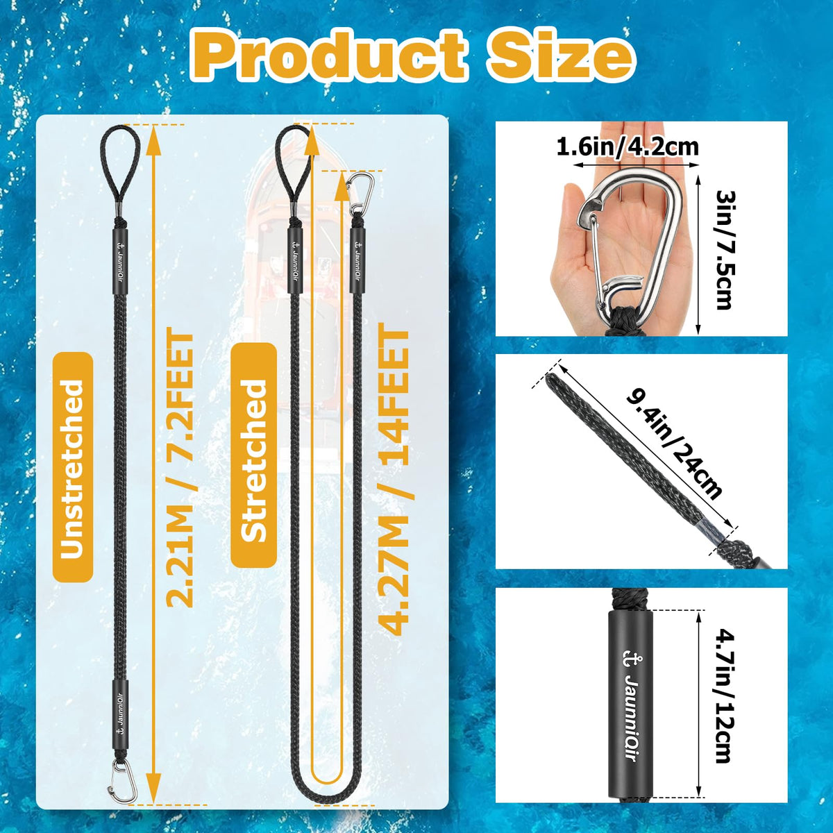 JaunniQir Bungee Dock Lines for Boats 7.2 Feet, 2 Pack Dock Lines with 316 Stainless Clips for PWC, Jet Ski, Kayak, Watercraft, Pontoon, Shock Absorbing Tie Off Downs Boat Mooring Ropes Accessories