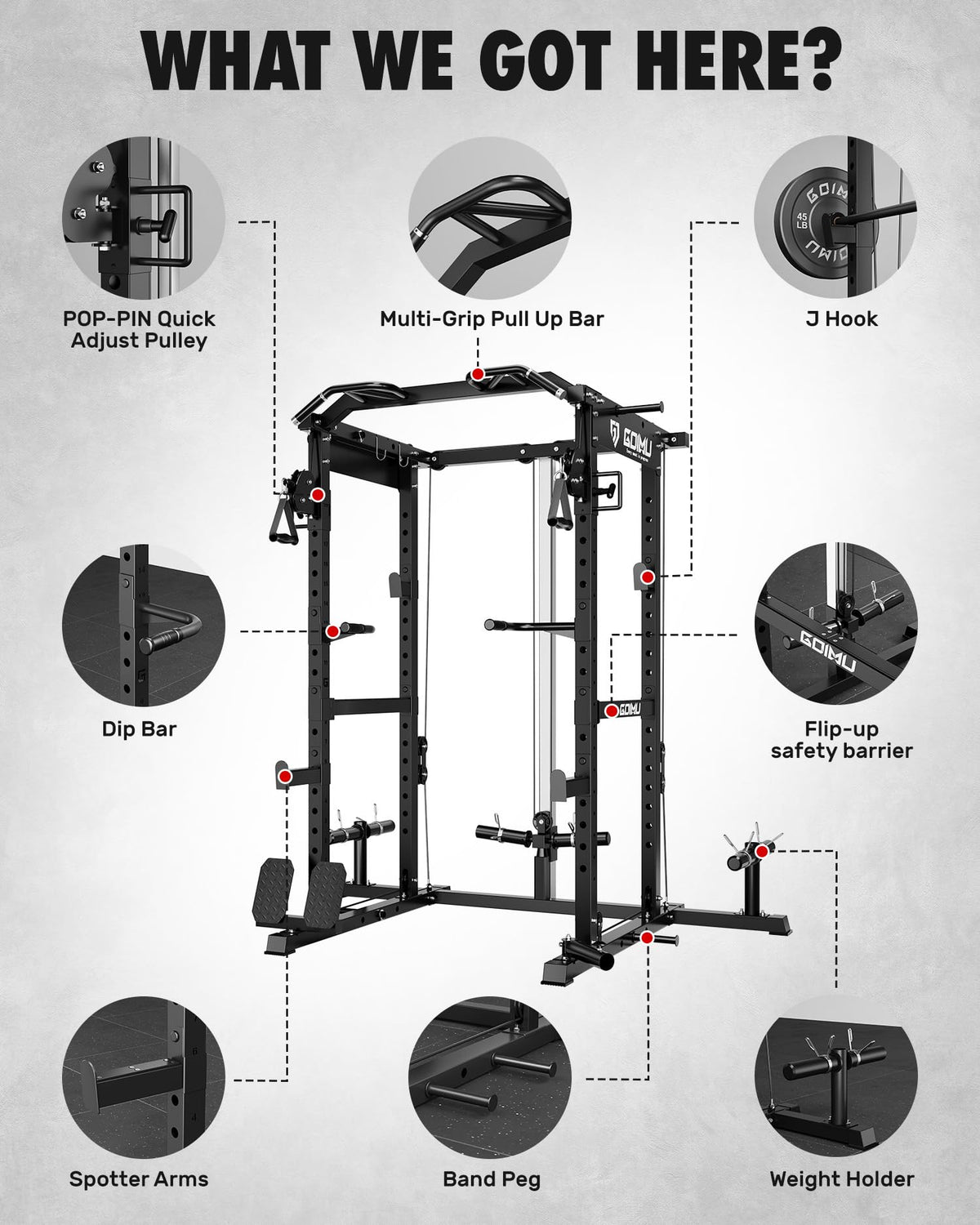 GOIMU RH01 Power Cage Rack, 2000LBS Squat Rack with with Cable Crossover System&LAT Pull Down System, Multi-Function Workout Cage for Home&Garage Gym (Black, RH01 Power Cage with 290LB C Weights)